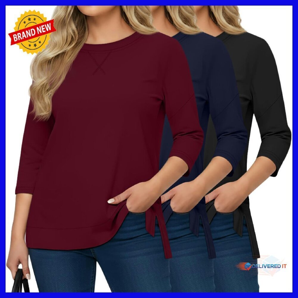 Plus Size 3/4 Sleeve Tunic Tops Loose Fit Casual Tee Polyester Cotton Spandex